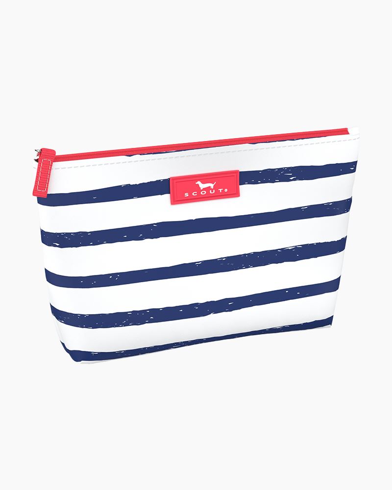 A white and red striped makeup bag with a zipper and a brand tag on the side.