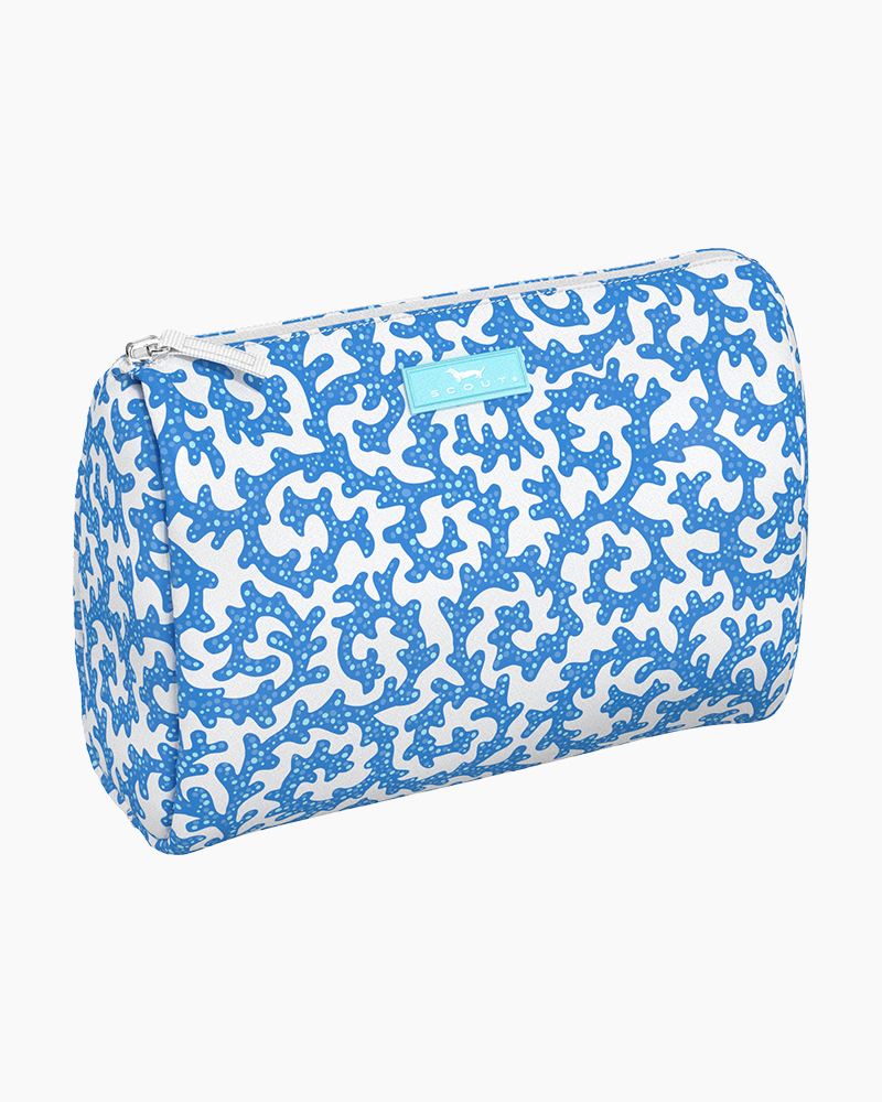 Blue and white patterned pouch on a white background