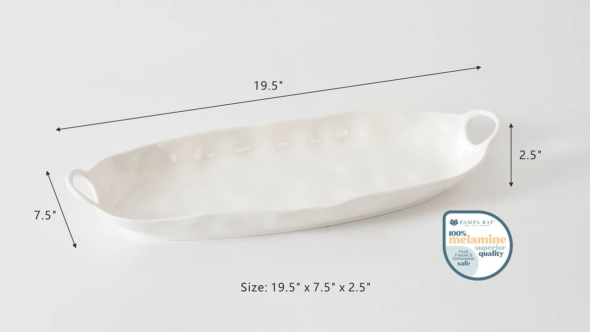 White ceramic platter with dimensions labeled on a light gray background
