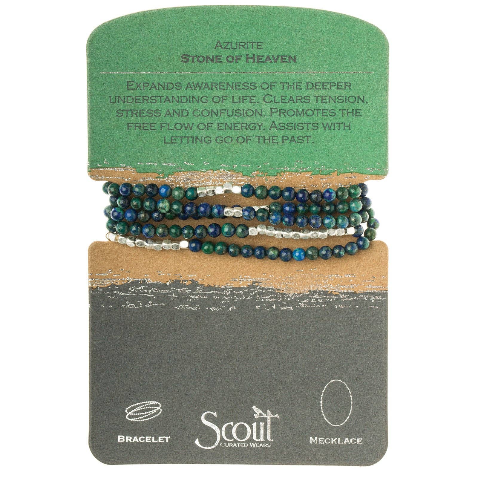 A bracelet made with semi-precious blue beads, wrapped on a card with text describing the product as 'Azurite - Stone of Heaven', indicating it can be worn as a bracelet or necklace.