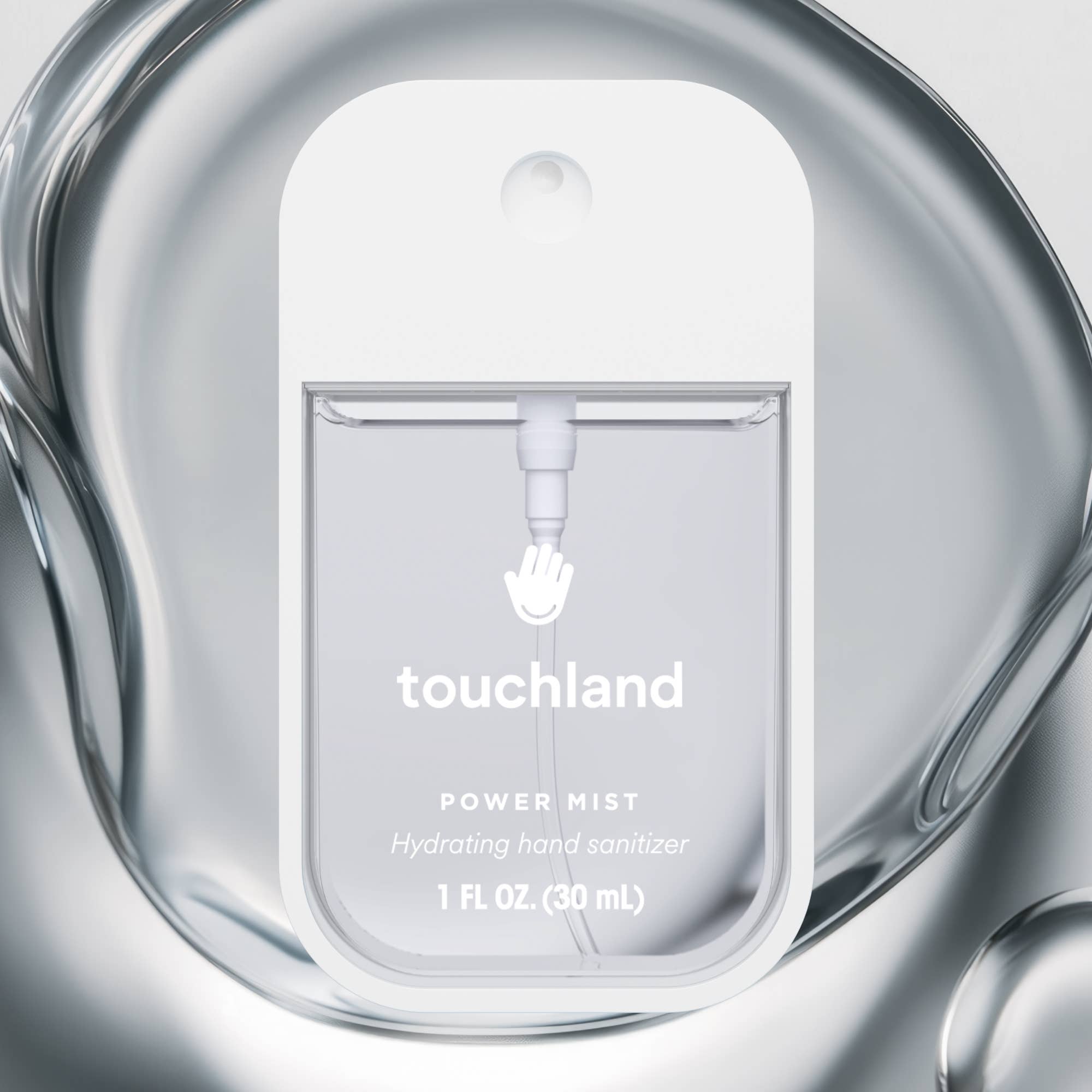 Touchland power mist hydrating hand sanitizer packaging on a reflective surface