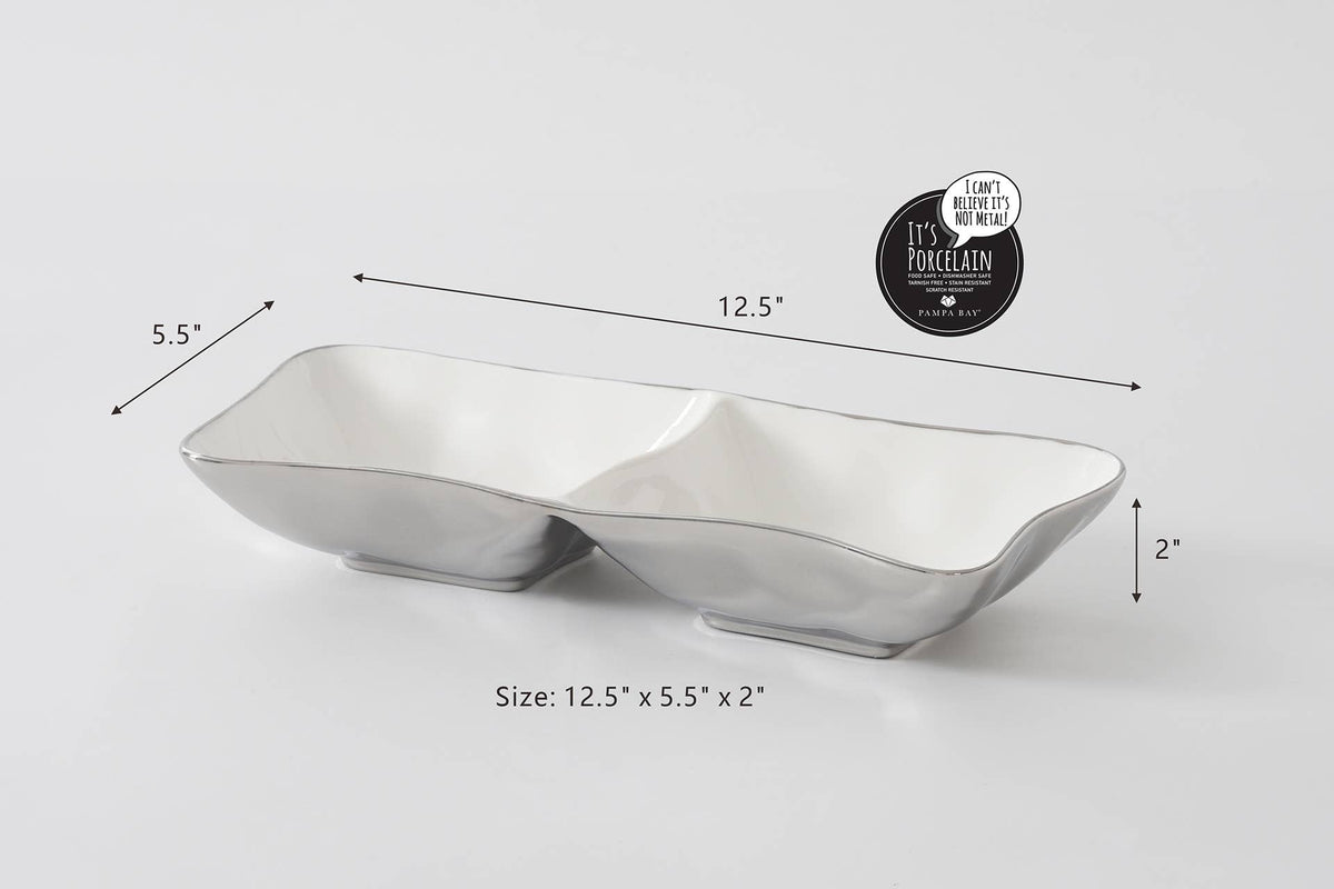 White ceramic dish with dimensions on a gray background