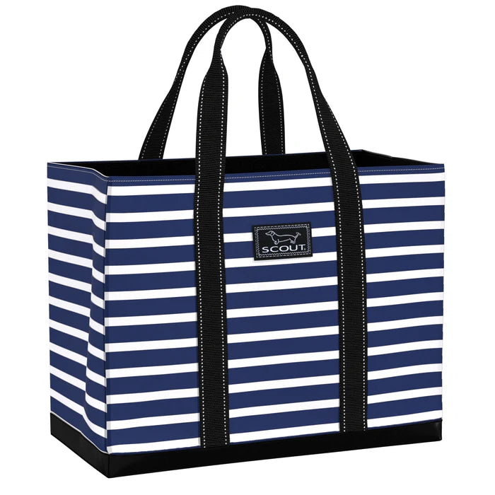 blue striped bag with black straps