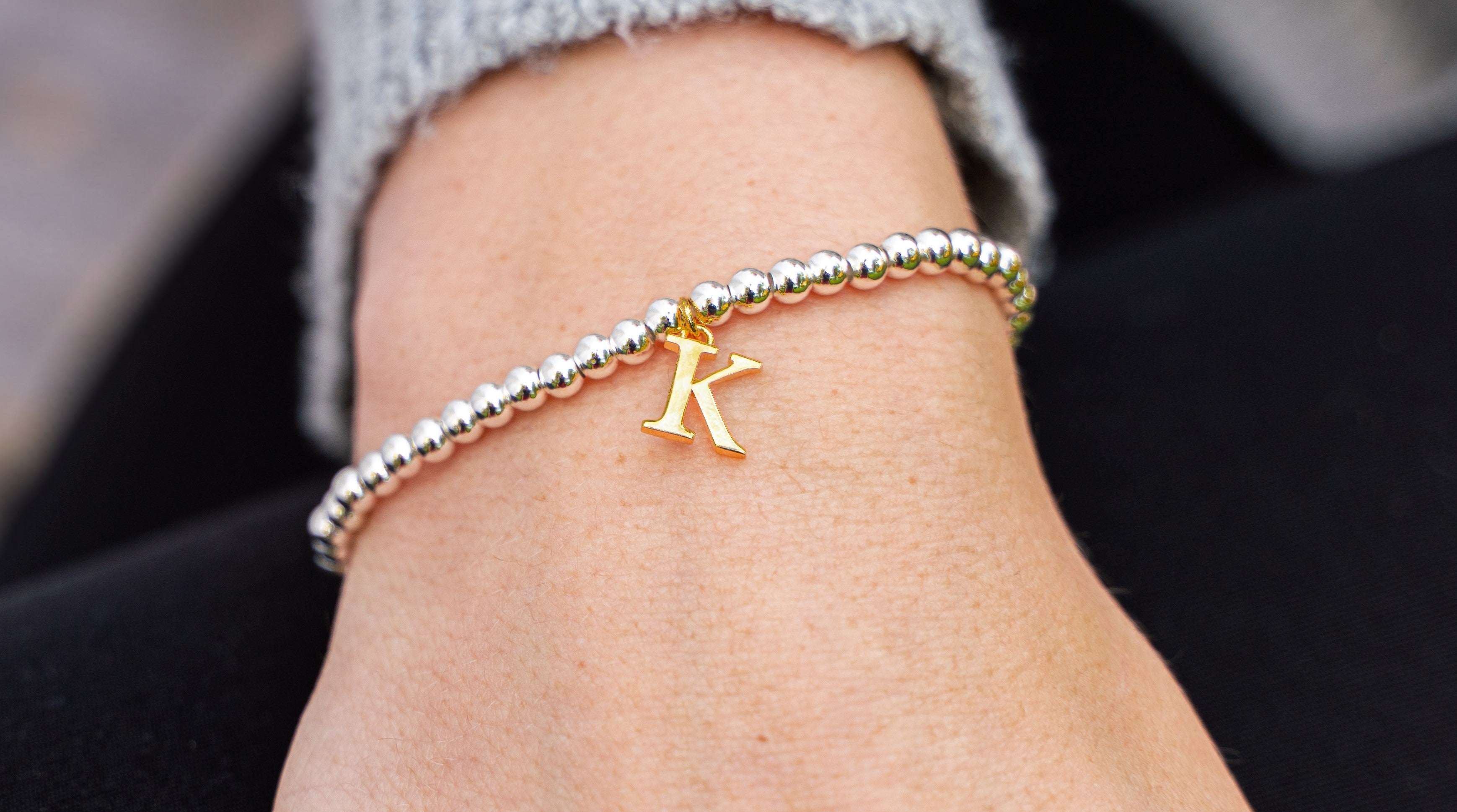 Two Tone Initial Bracelet - Silver Bead Gold Letter