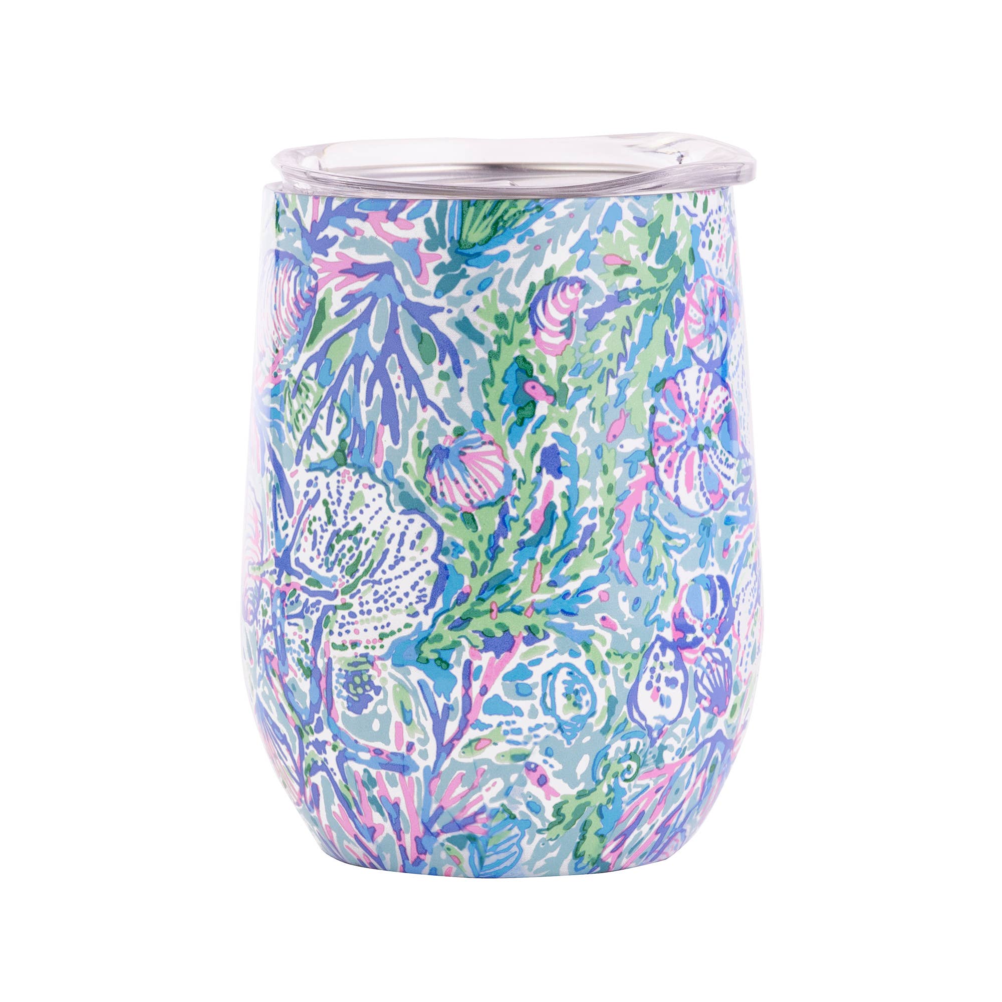 A stemless insulated tumbler with a multicolored floral pattern.
