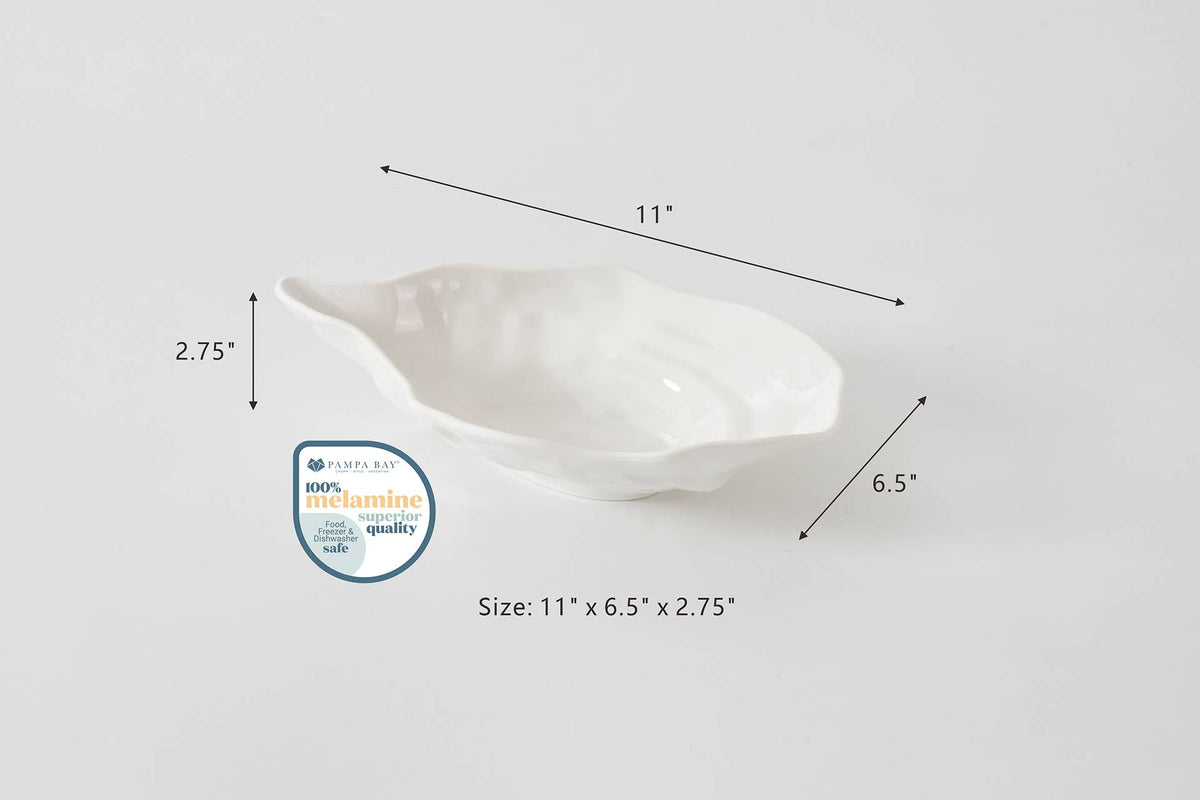 White ceramic dish with dimensions labeled on a light gray background