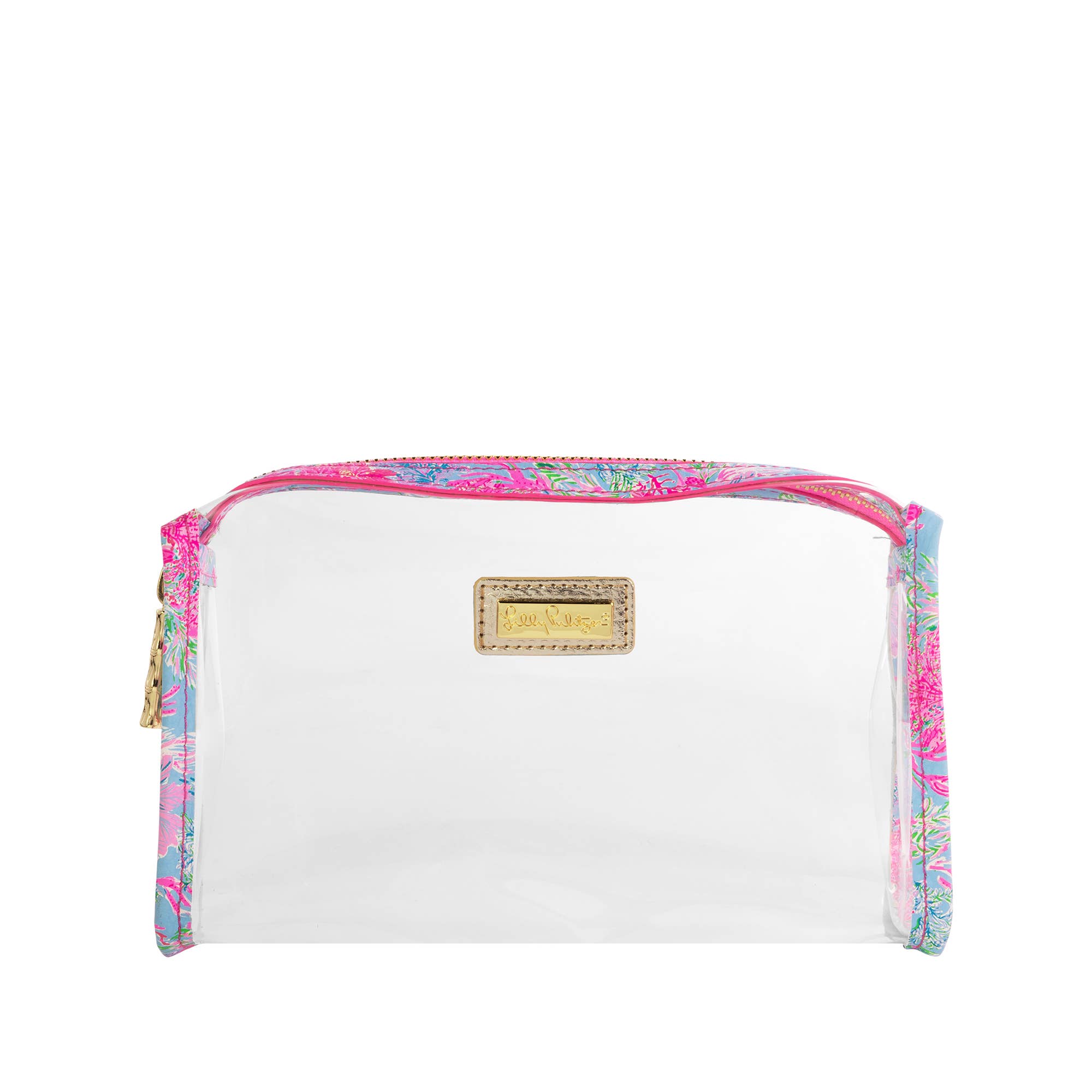 A zip-up pencil case with a clear vinyl exterior and pink floral patterned leatherette trim.