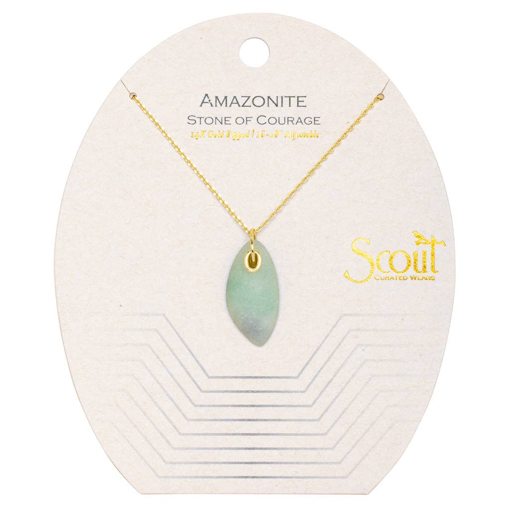 Amazonite stone necklace with a gold or silver dipped chain, presented on a card with 'Scout' branding and 'Stone of Courage' text.