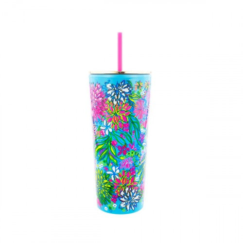 tumbler with lilly design and a gold twist off lid and pink straw