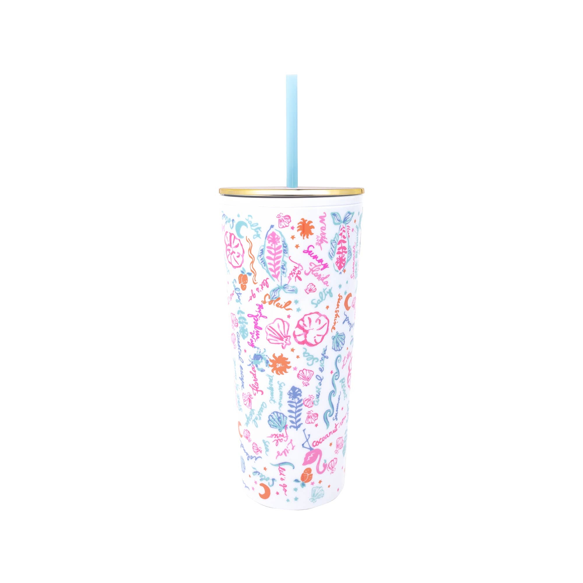 Colorful tumbler with sea-themed design and straw on a white background