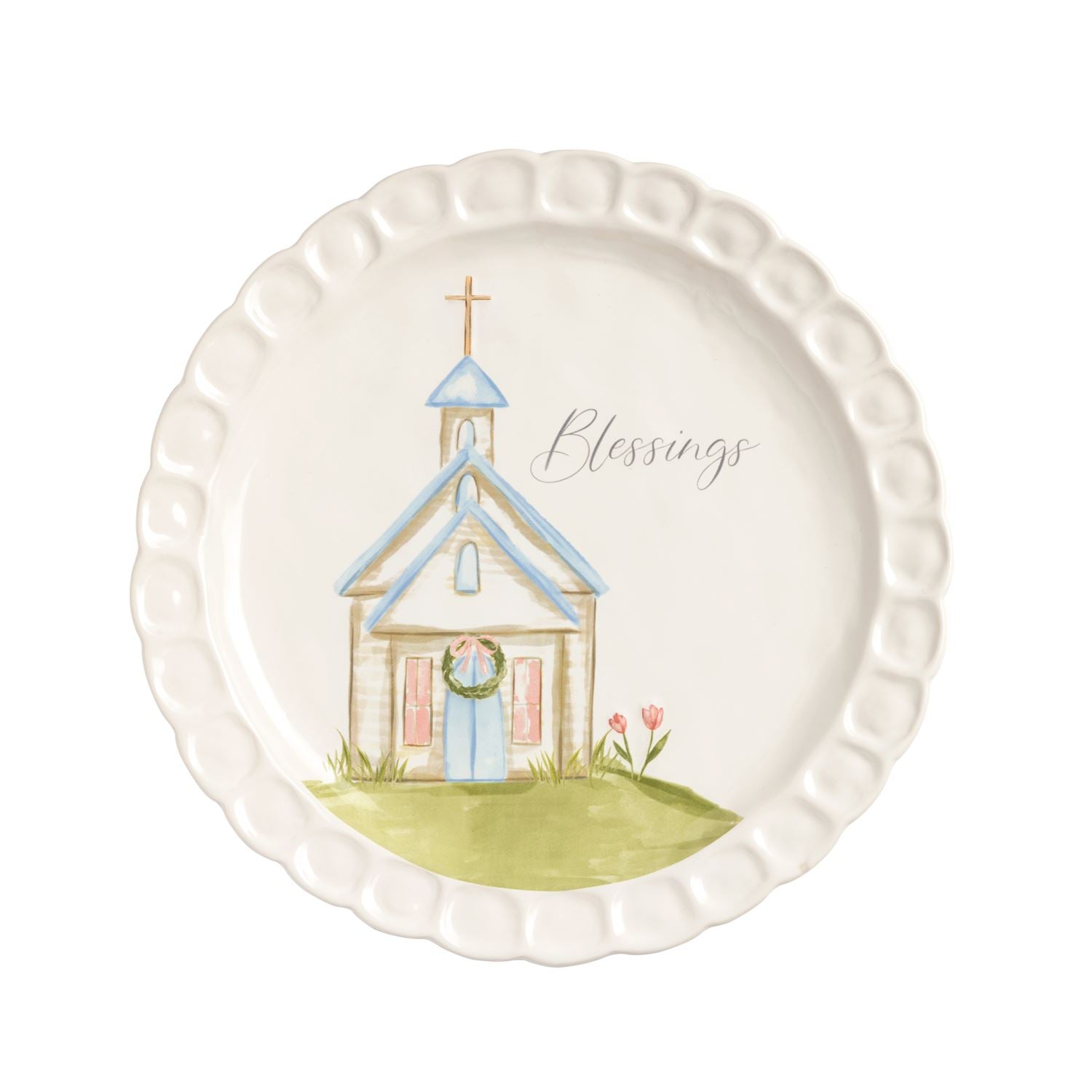 Decorative plate with a church illustration and 'Blessings' text on a white background