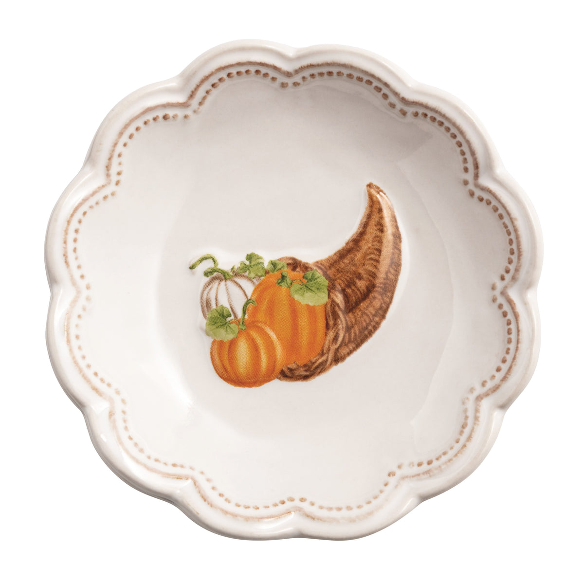 Decorative plate with cornucopia and pumpkins design on a white background