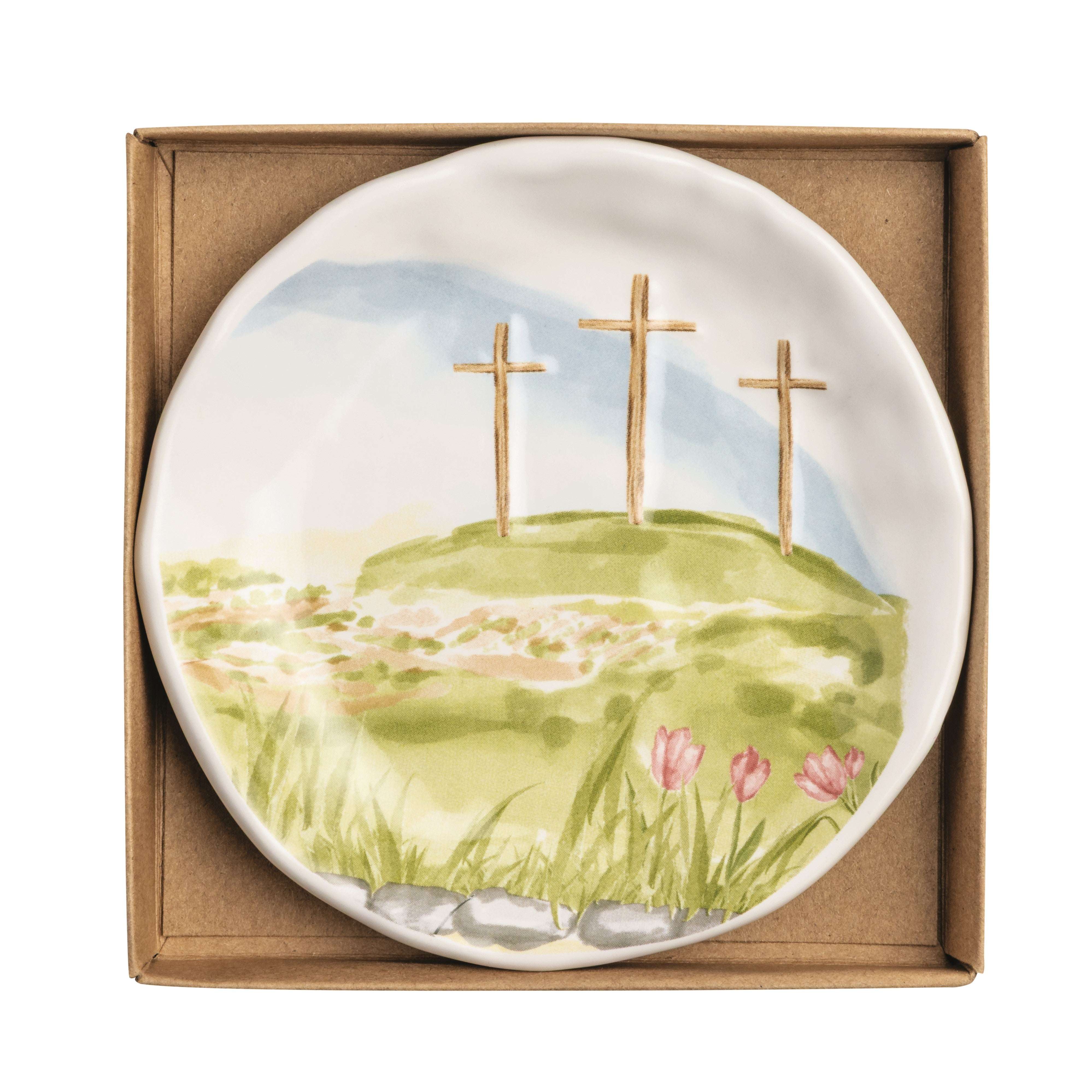 Decorative plate with a scenic design of crosses and flowers in a box