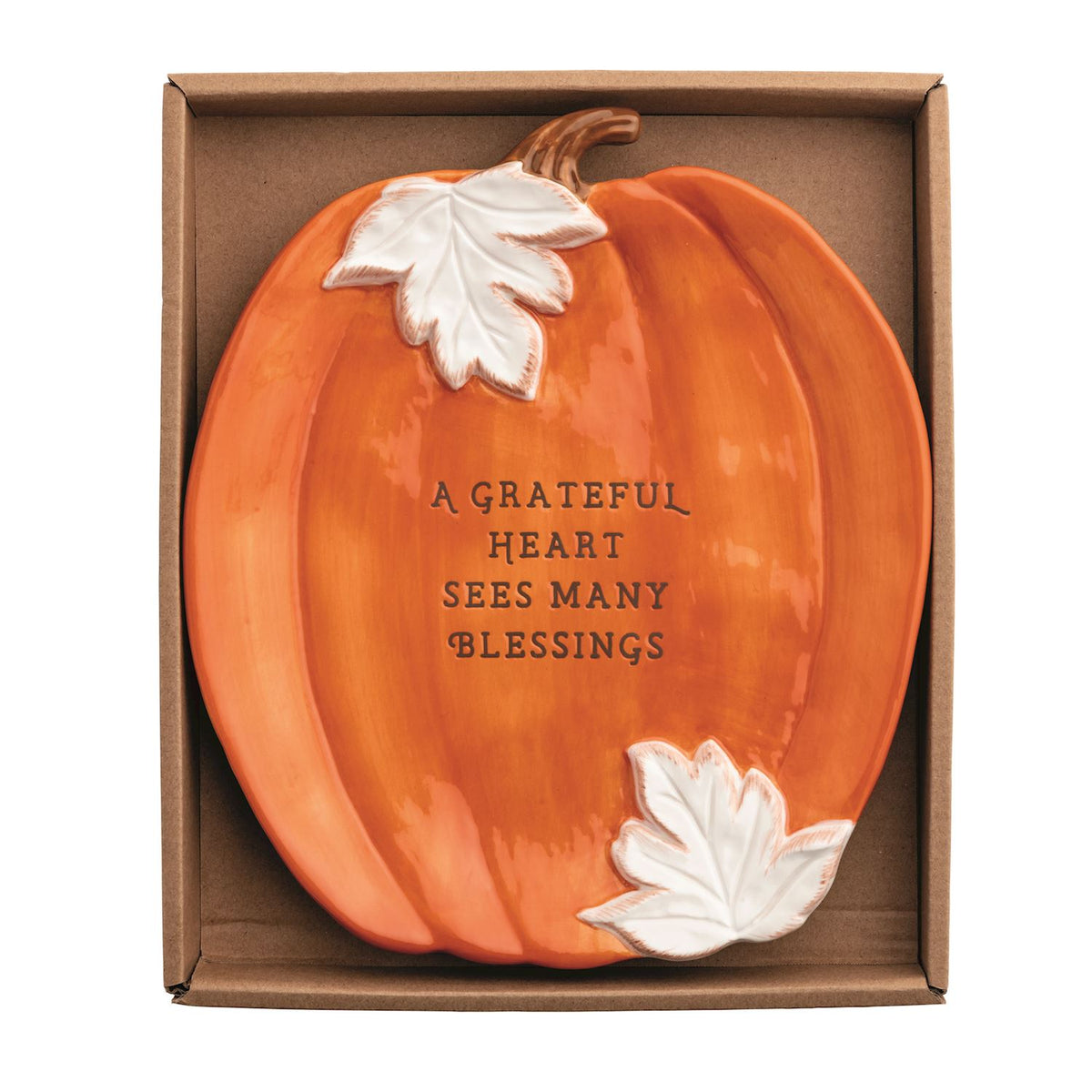 Pumpkin-shaped decorative plate with text in a box