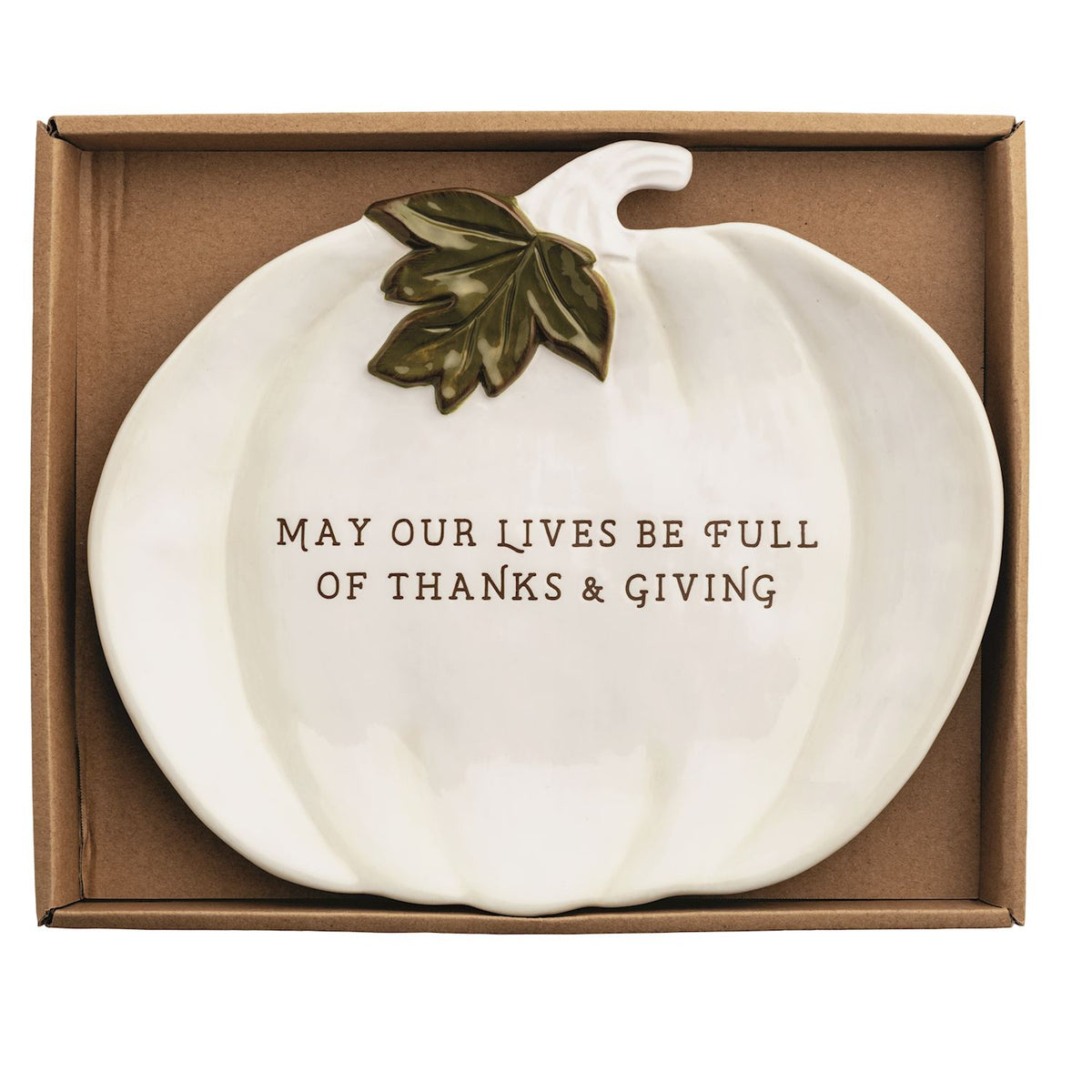 White ceramic pumpkin with text in a box