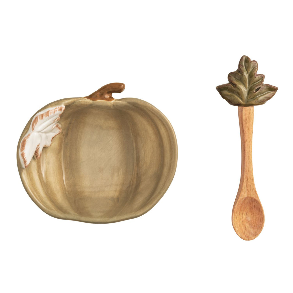 Ceramic pumpkin-shaped bowl with wooden spoon on a white background