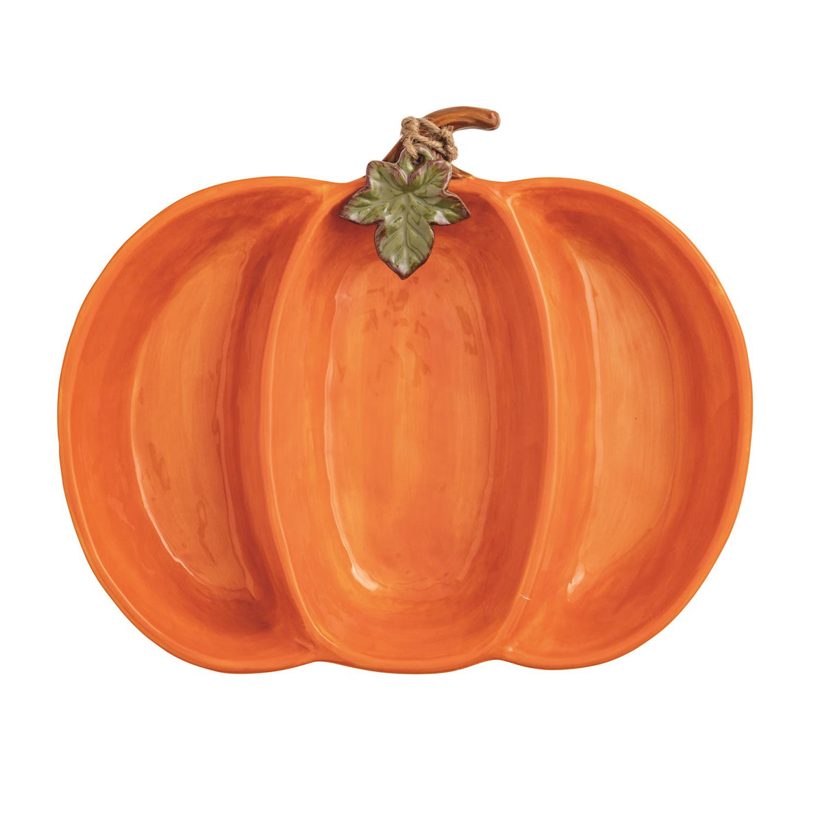 Pumpkin-shaped orange plate with a green leaf on a white background