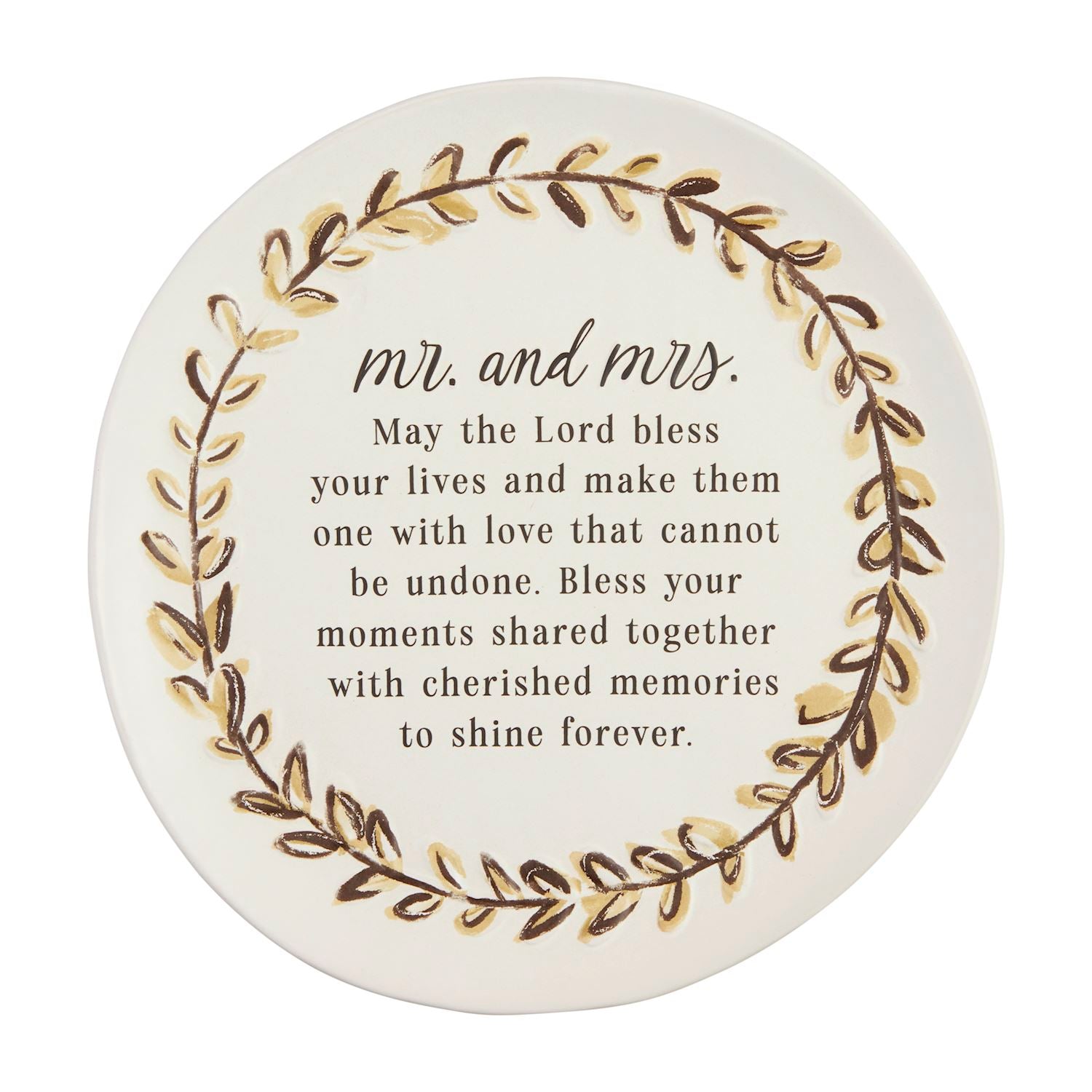 Round decorative item with 'Mr. and Mrs.' text and floral design on a white background