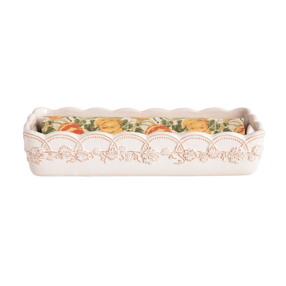 Decorative ceramic baking dish with floral pattern on a white background