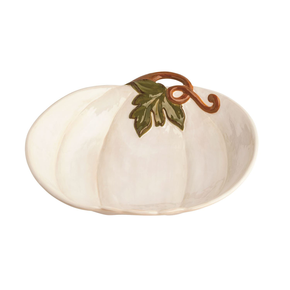 White ceramic pumpkin with a leaf design on a white background
