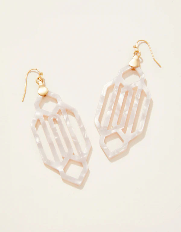 A pair of Art Deco style cream-colored resin earrings with gold ear wires.