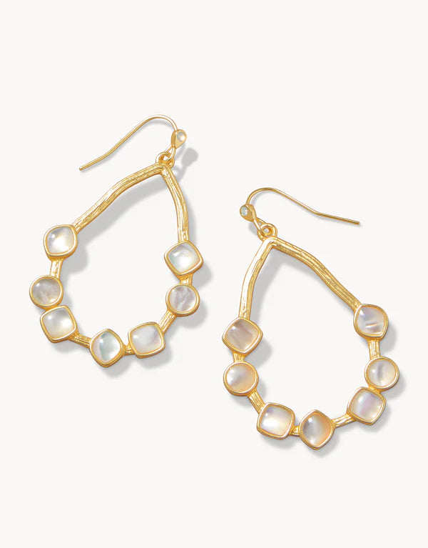 A pair of gold-colored earrings featuring mother-of-pearl inlays in a hoop design.