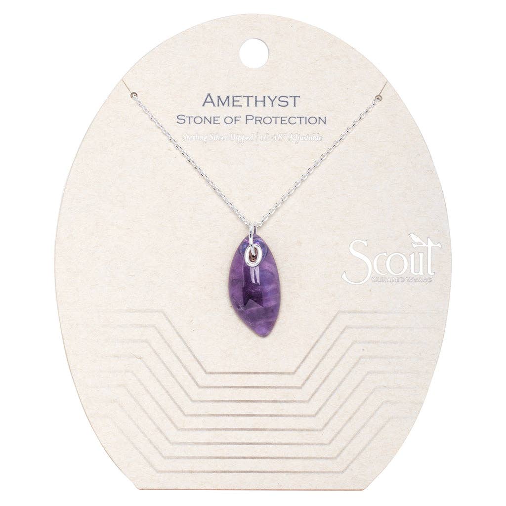 A purple amethyst stone necklace with a silver chain and lobster clasp, presented on a card with 'Amethyst | Stone of Protection' written on it.
