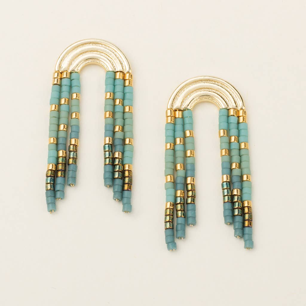 A pair of turquoise and mint green Miyuki rainbow fringe earrings with gold accents.