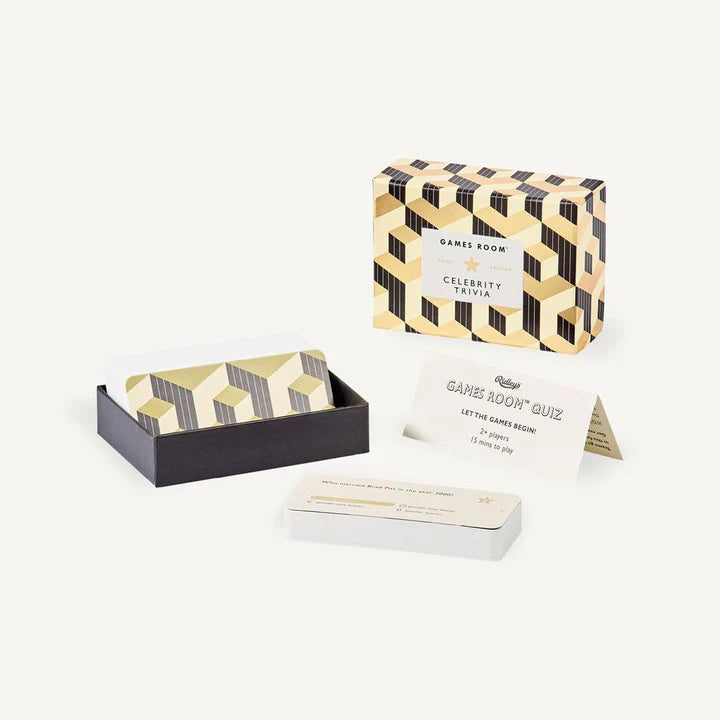 The image shows a trivia game set titled 'Quiz Celebrity' with a geometric patterned box, a deck of question cards, and an instruction card, all branded with the Games Room logo.