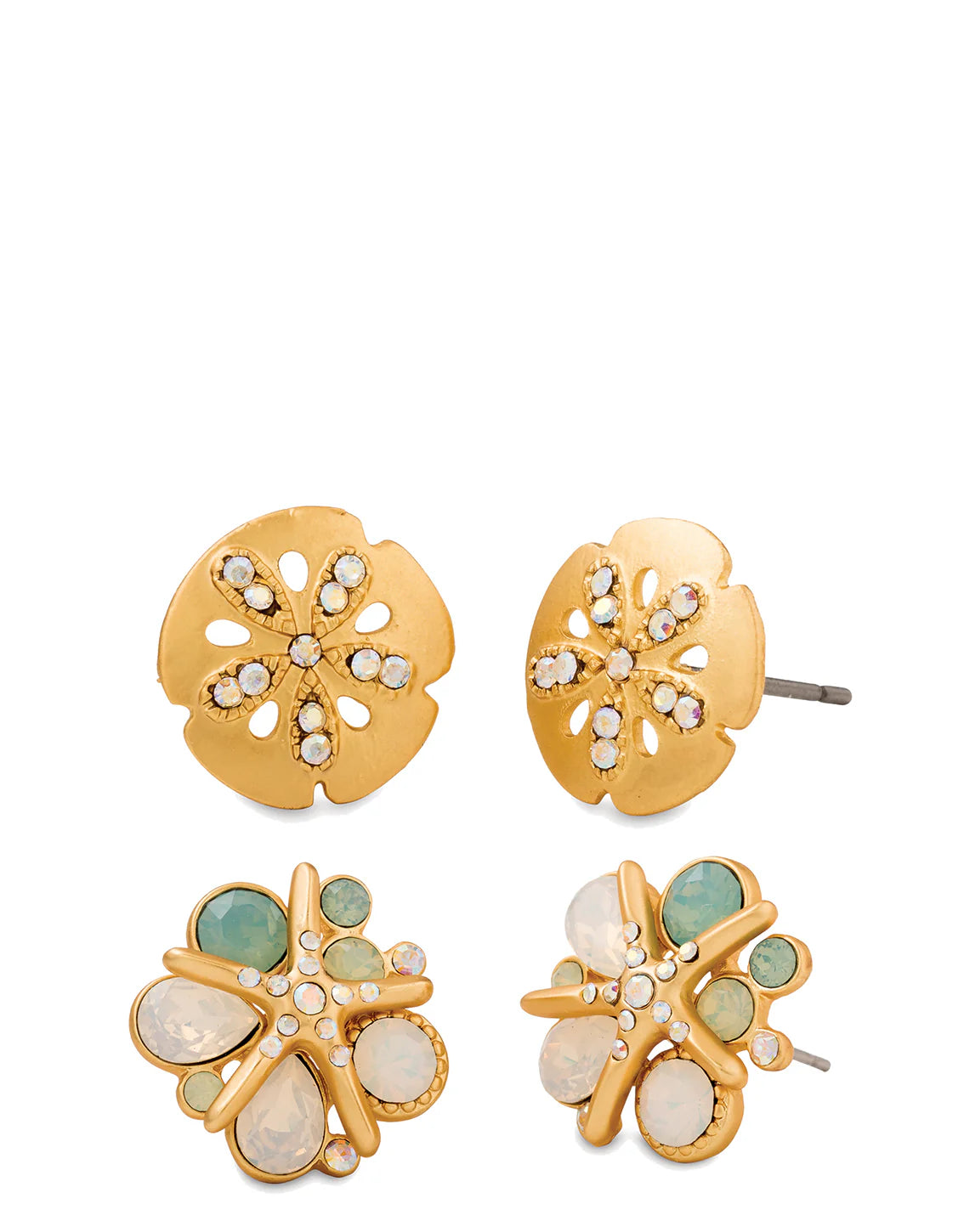 A set of two pairs of gold-plated sea-themed stud earrings, one pair designed with a sand dollar pattern and the other with a starfish pattern, both adorned with crystal gems.