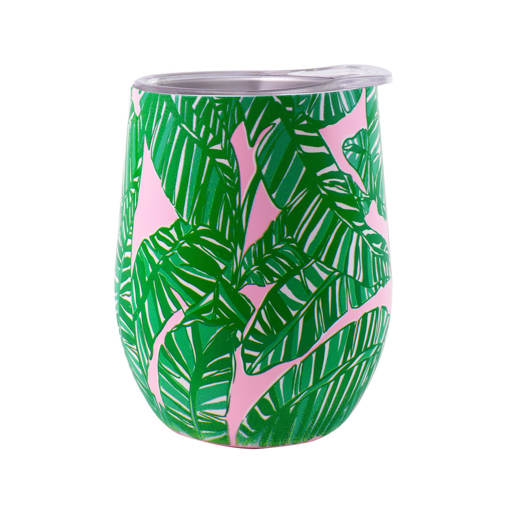 A stemless insulated tumbler with a pink and green leaf pattern.