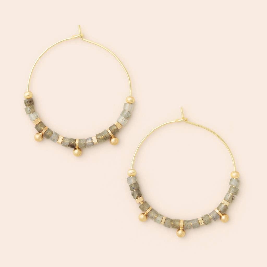 A pair of gold-colored hoop earrings with labradorite stones and gold beads, attached to a white display card.