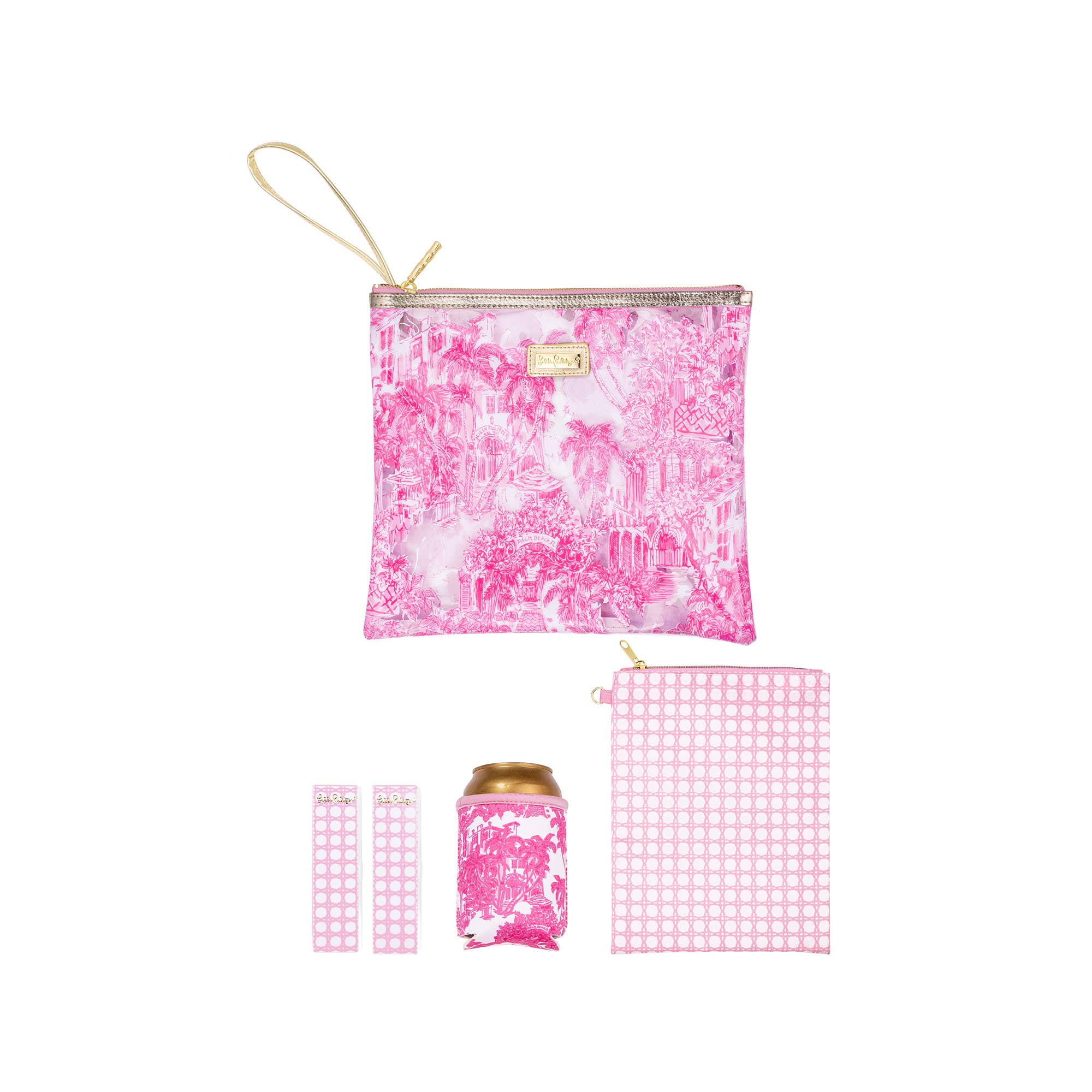 A collection of pink and white beach day pouches with a palm beach toile pattern, including a gold Lilly logo plaque, a drink hugger, and beach towel clips.