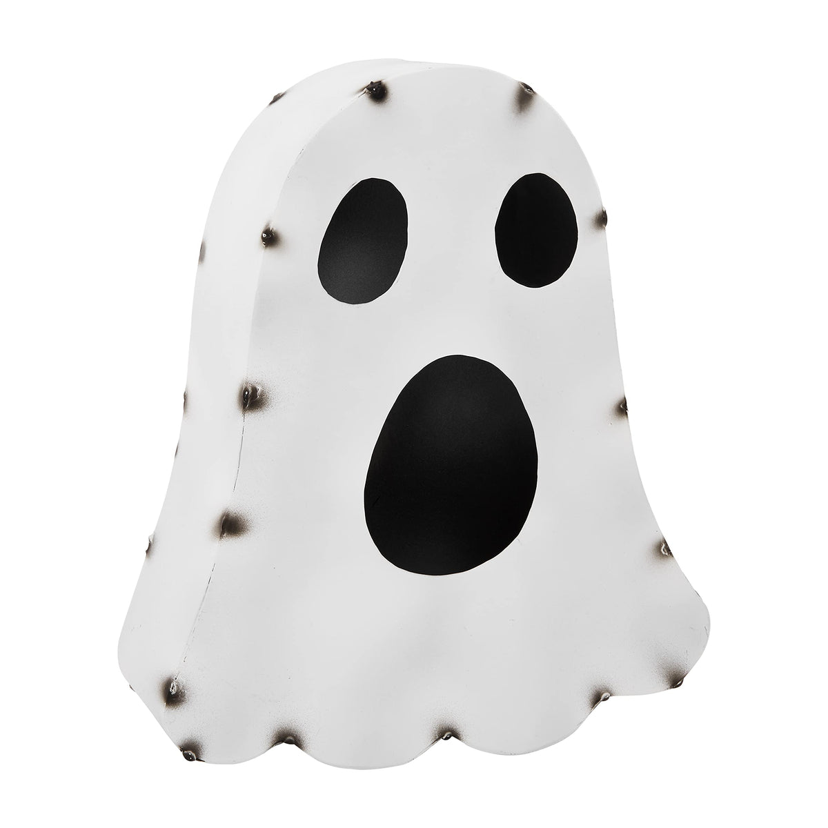 Ghost-shaped figure with black eyes and mouth on a white background