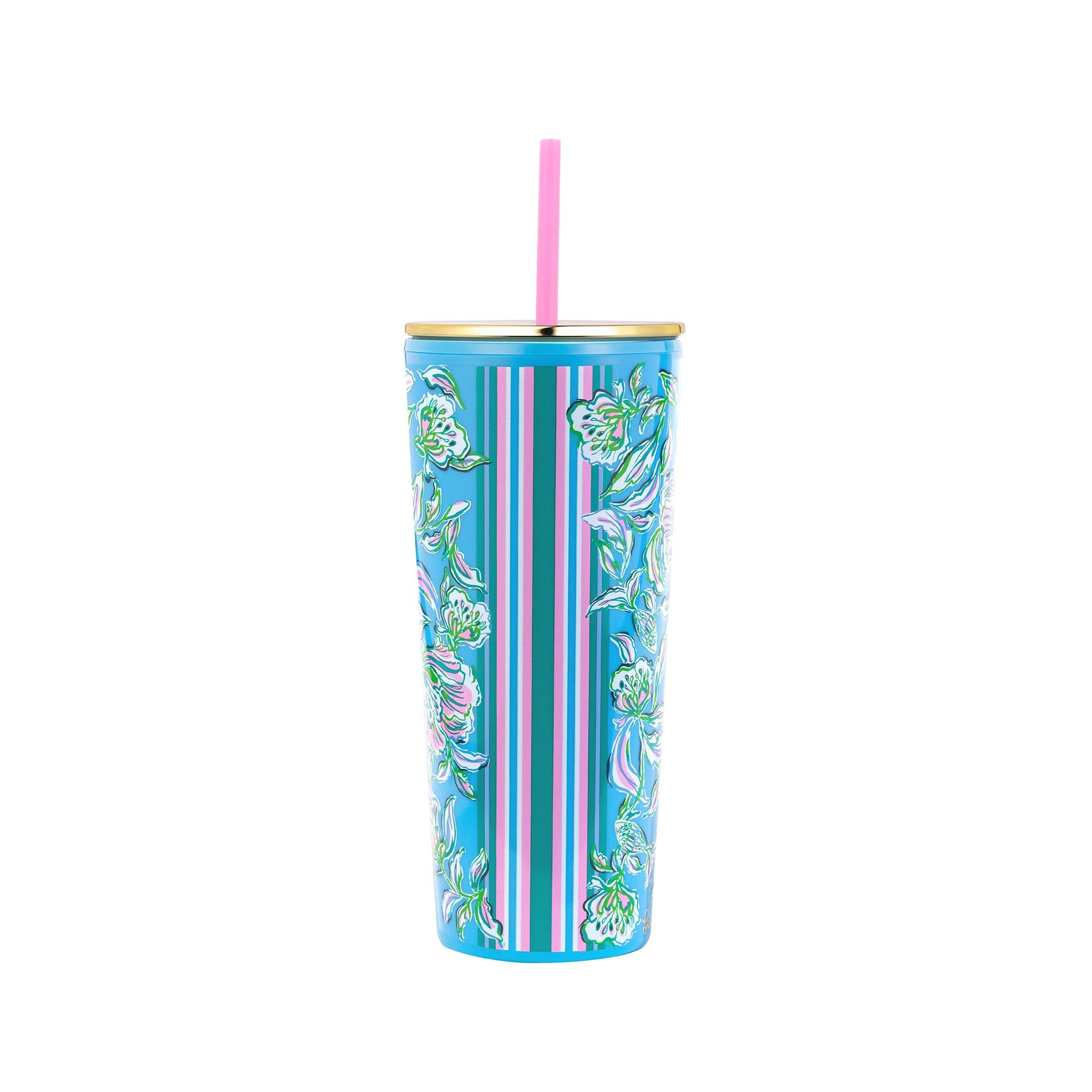 A multicolored acrylic tumbler with a straw, featuring a striped pattern with floral and geometric designs.
