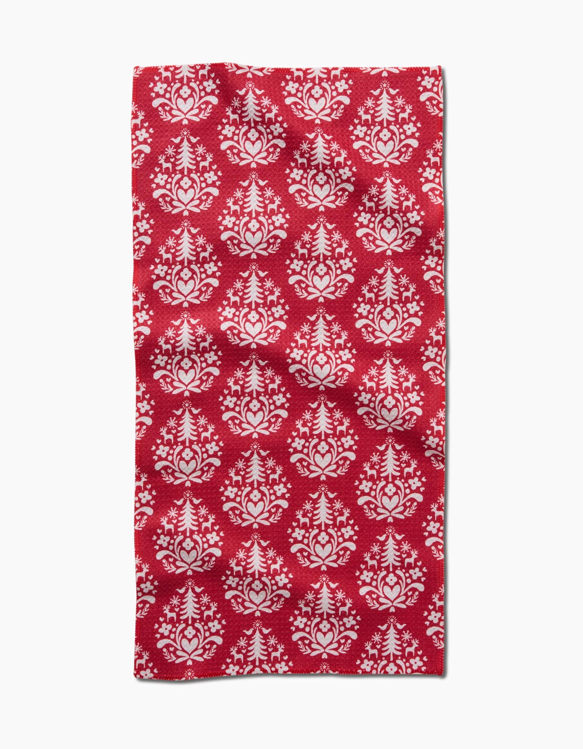 red towel with white geometric pattern