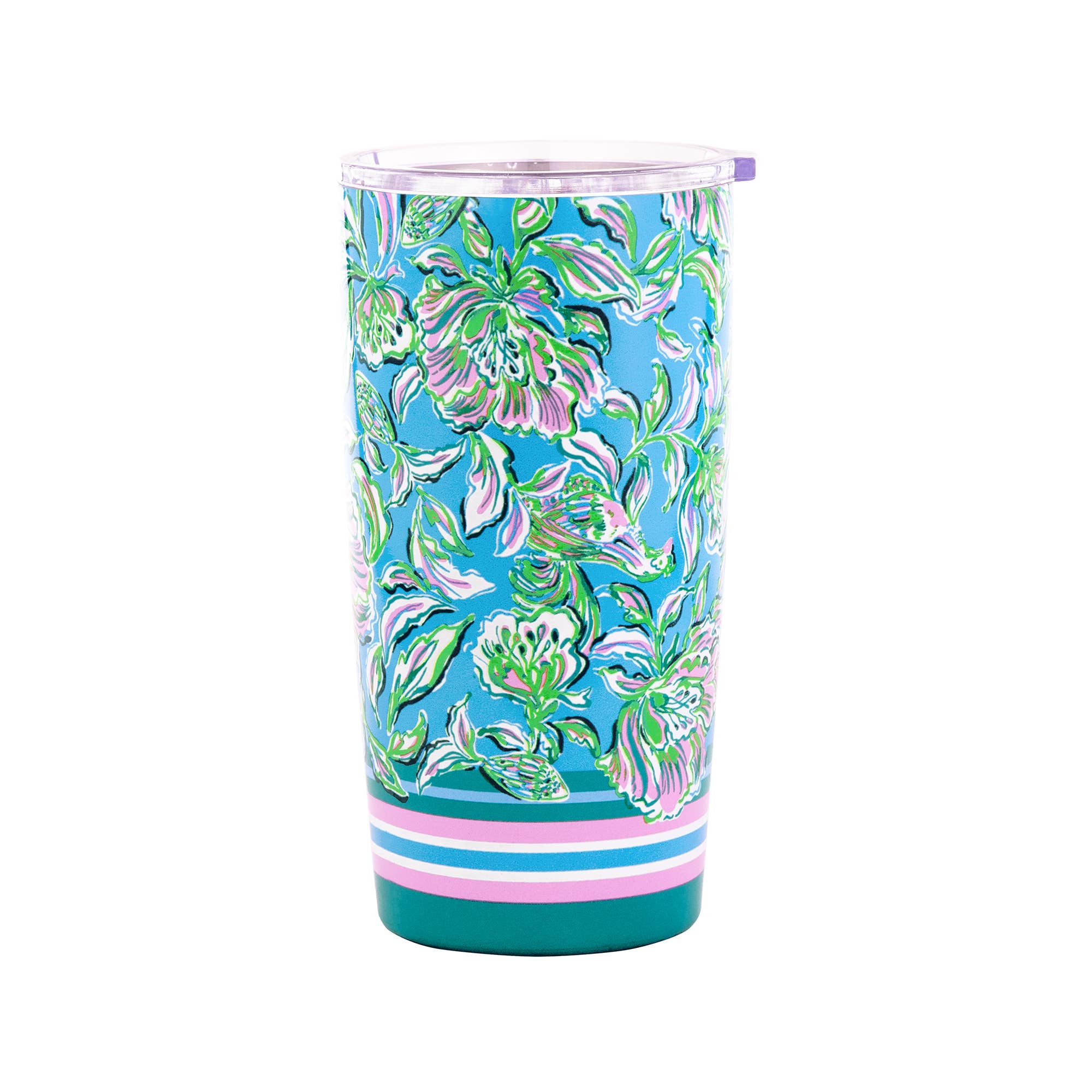 A stainless steel thermal mug with a multicolored floral print and pink accents on the lid.