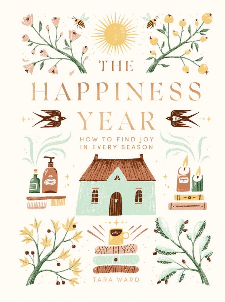 Book cover of 'The Happiness Year' with illustrations of nature and a house.