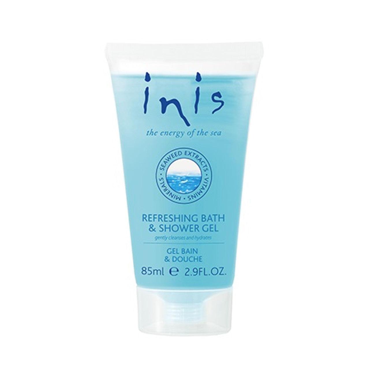 Tube of Inis refreshing bath and shower gel on a white background