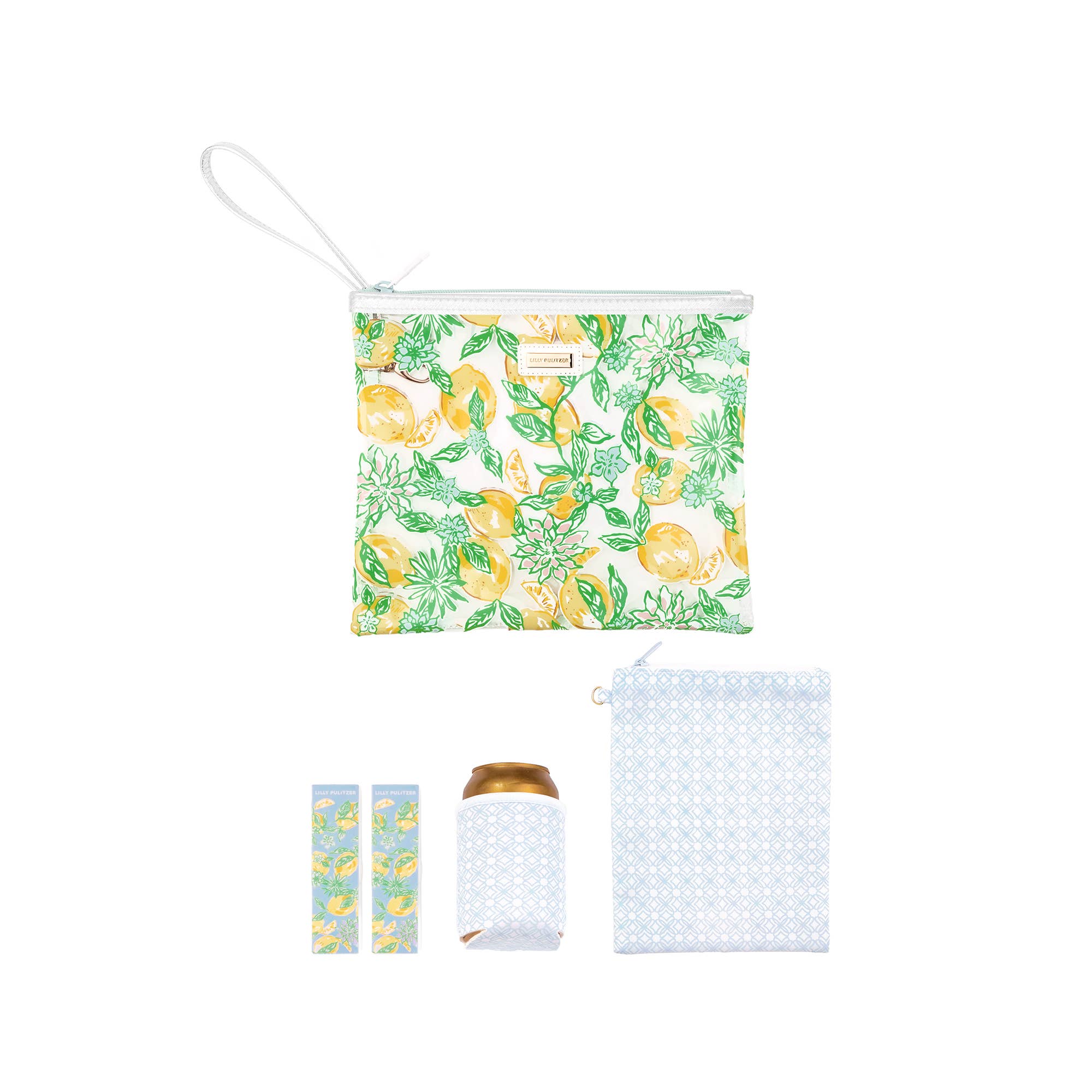 A collection of beach day pouches and accessories with a vibrant lemon print, including a waterproof dry bag, an insulated neoprene drink sleeve, and plastic clips.