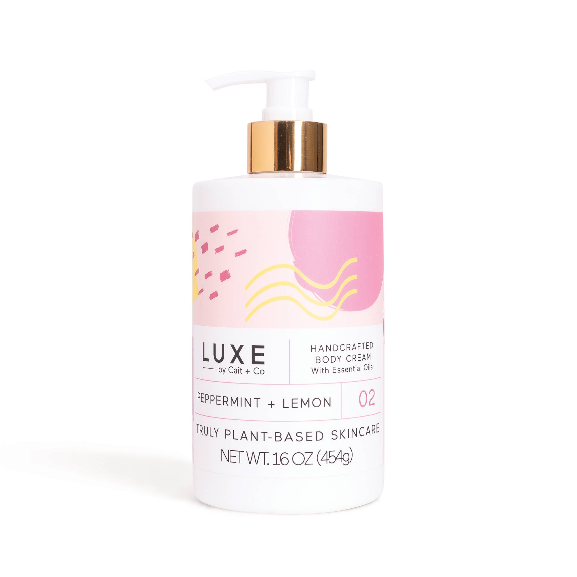 A pump bottle of Luxe brand Peppermint + Lemon Shea Butter Body Cream, indicating a net weight of 16 oz.
