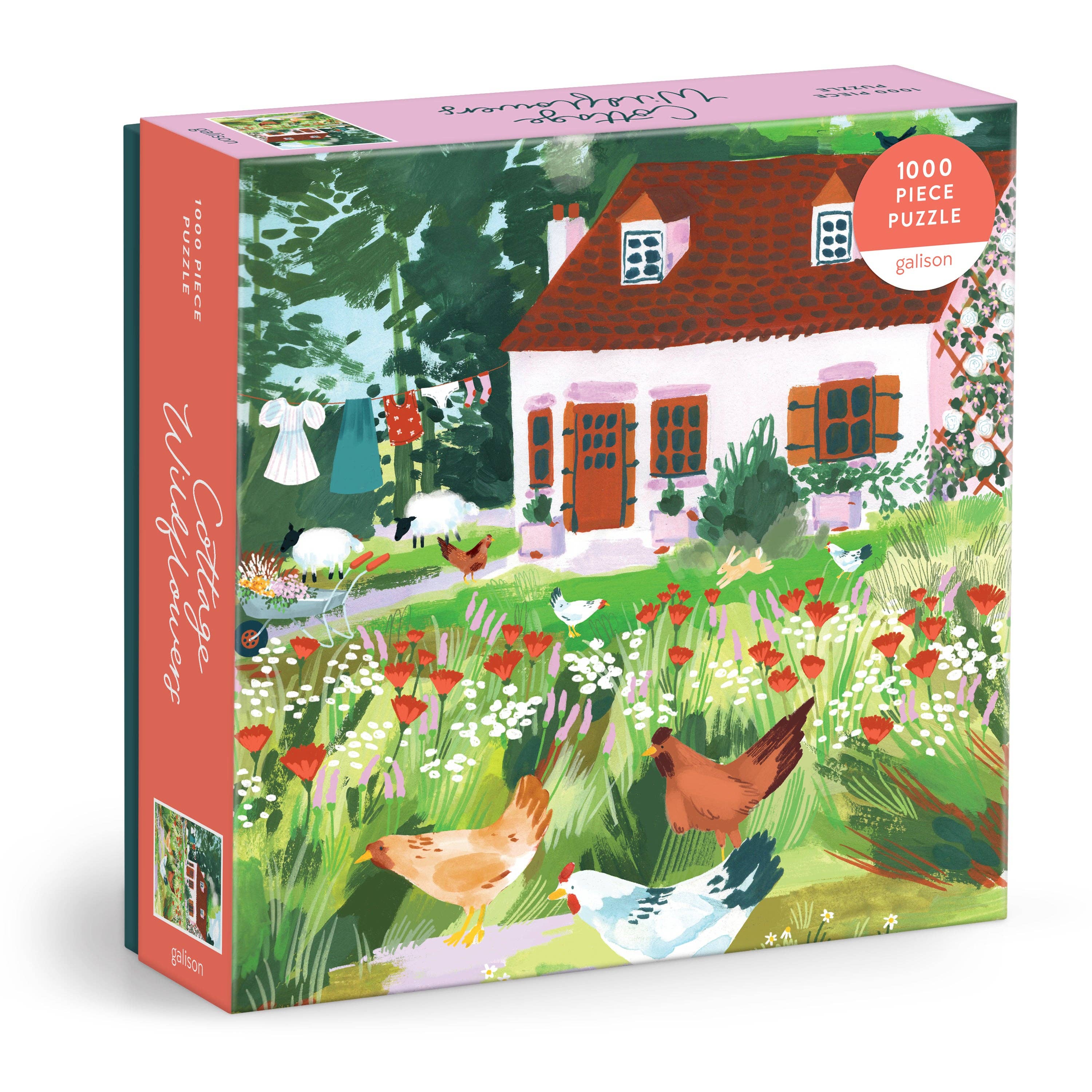 Jigsaw puzzle box with a colorful illustration of a house, garden, and chickens on a white background.