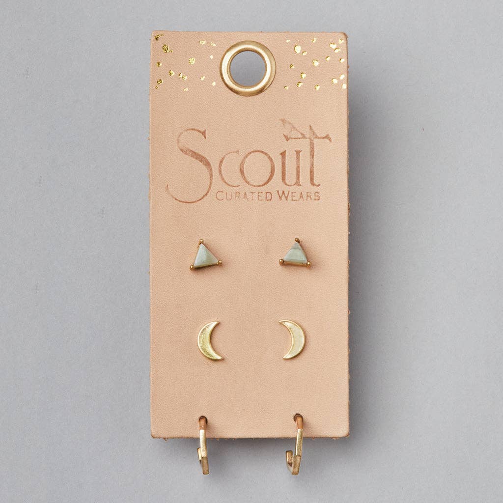 A card with three gold-colored stud earrings displayed on it, with the brand name 'SCOUT' curated wears printed at the top.