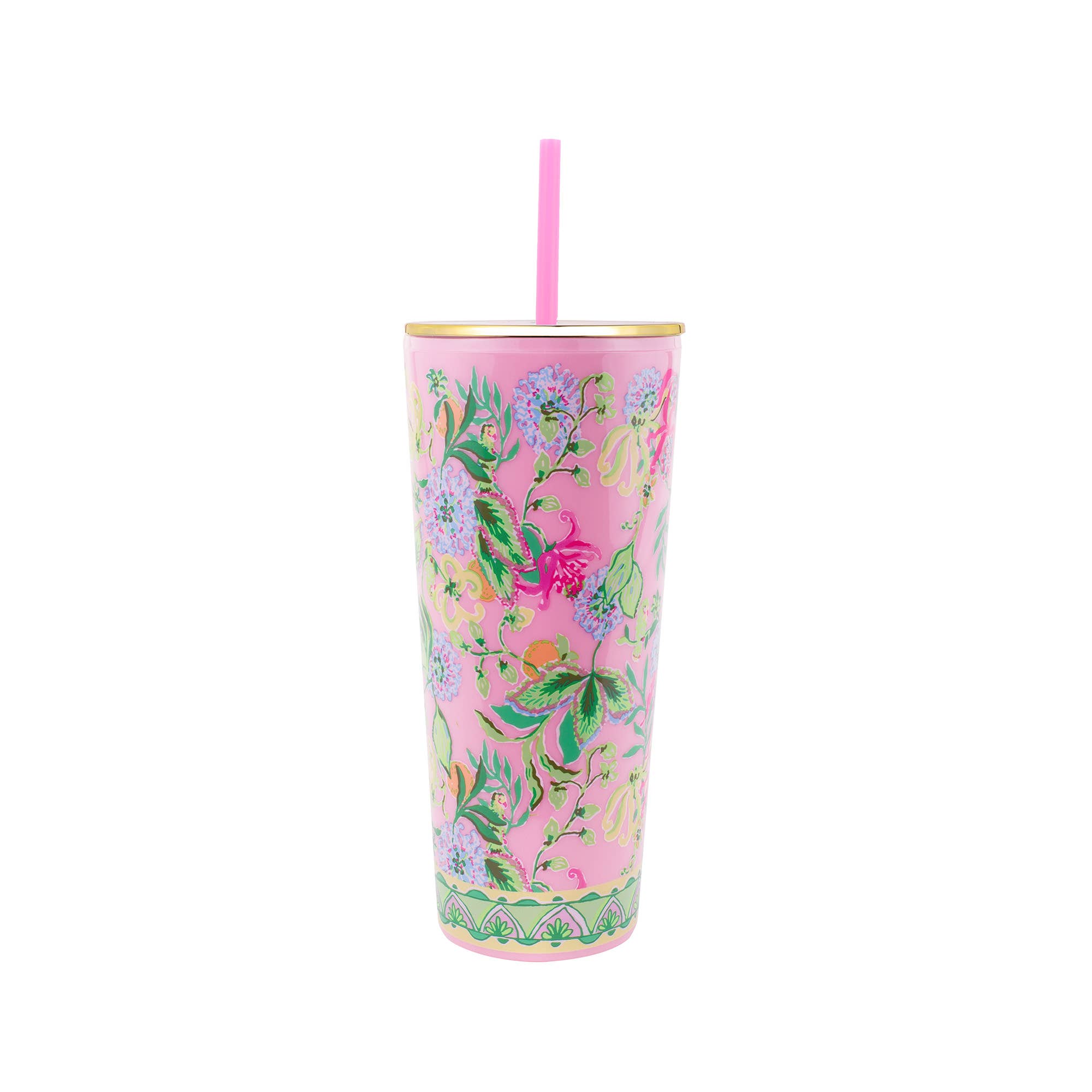 A pink acrylic tumbler with a floral pattern, a gold twist-off lid, and a reusable straw.
