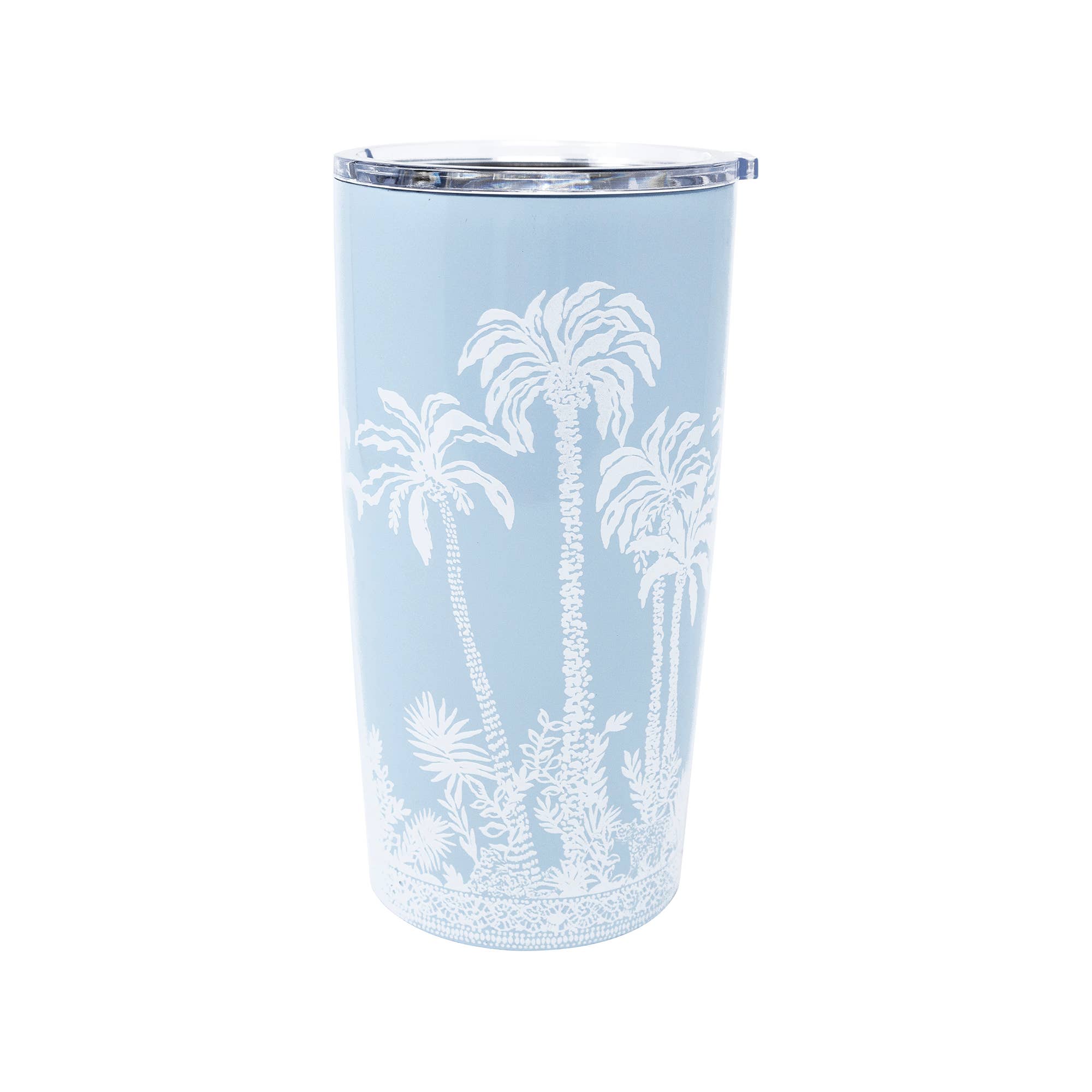 A stainless steel thermal mug with a blue color and a white print of palm trees and the text 'Palms Way Home'.