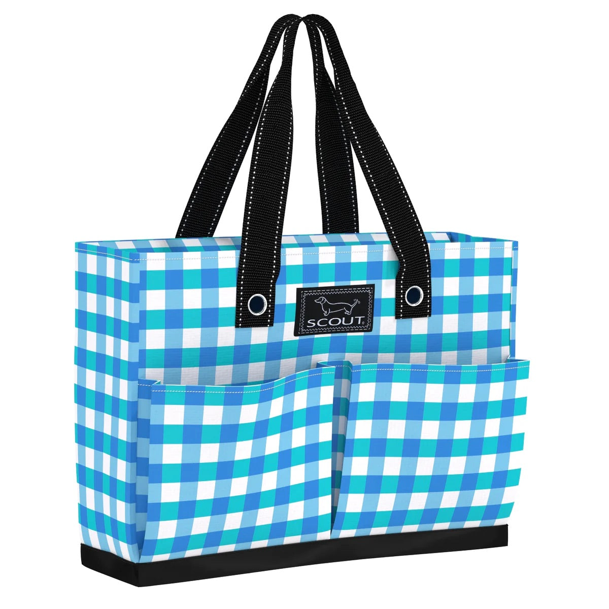 A checkered tote bag with black straps and a logo label on the front.