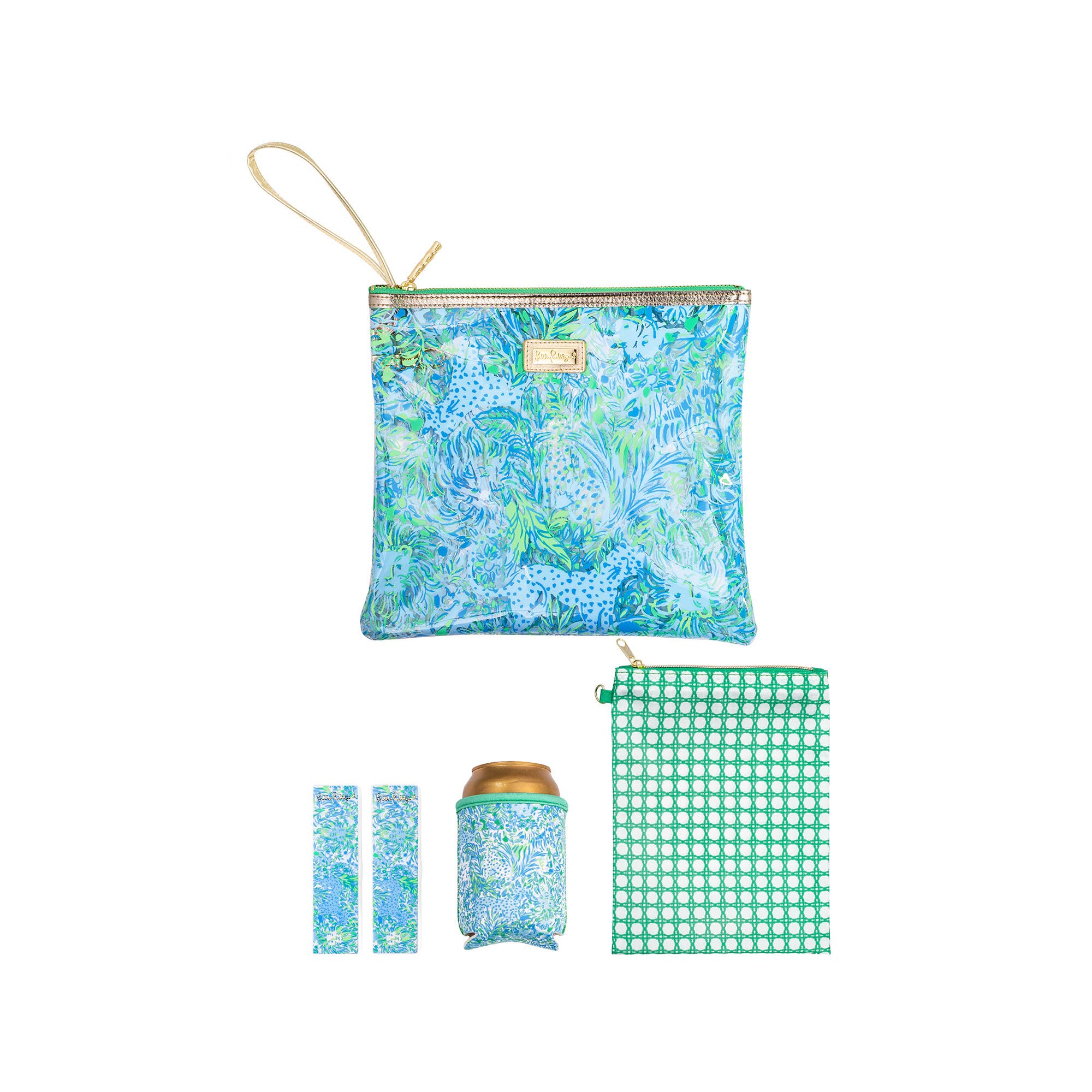 A collection of beach day pouches and accessories, featuring a main pouch with a blue and green floral print, gold trim, and a gold Lilly logo plaque. Accompanied by a green beach towel clip and a blue drink holder.