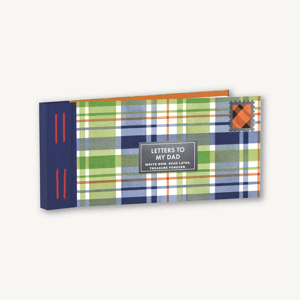 Plaid notebook with 'Letters to My Dad' text on a white background