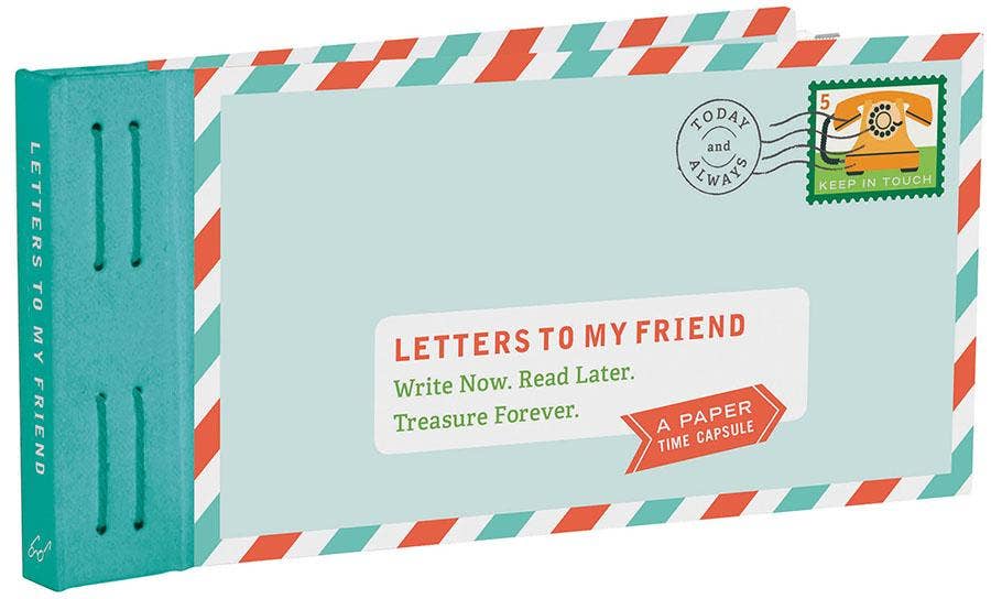 Cover of 'Letters to My Friend' featuring a striped envelope design with a stamp and the title text.
