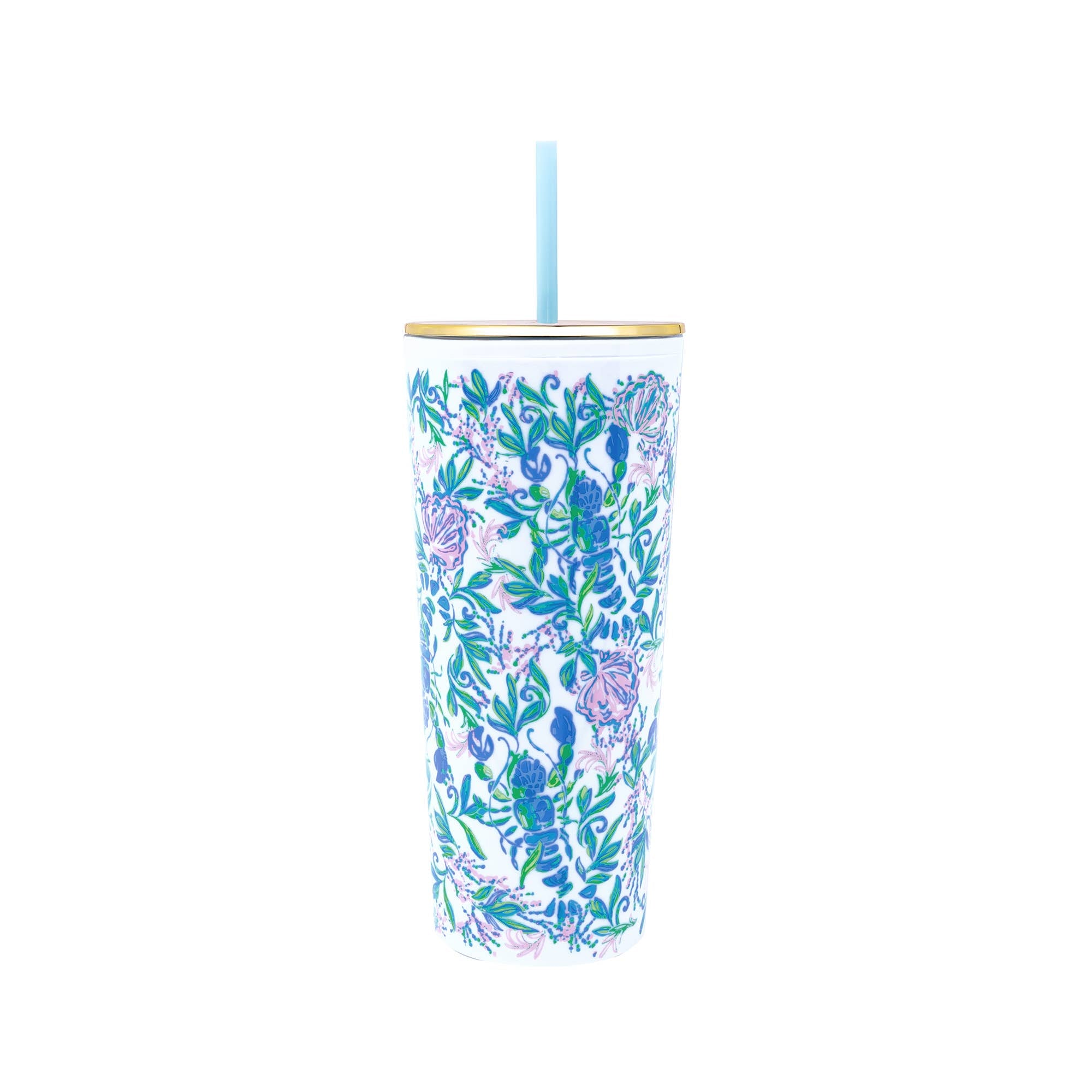 A blue and green floral acrylic tumbler with a gold lid and a reusable straw.